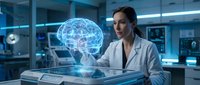 Female scientist examining holographic brain projection in futuristic laboratory for medical research and neuroscience technology advancement studies.