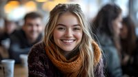 Young blonde woman with bright genuine smile wearing orange knitted scarf and sweater at cafe, natural lifestyle portrait with blurred background and warm lighting.