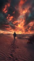 Lone traveler walking through desert sand dunes leaving footprints under dramatic fiery sunset sky with vibrant orange clouds and turquoise accents.