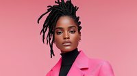 Young African American woman with dreadlocks hairstyle wearing bright pink blazer and black turtleneck against pink background, fashion portrait with confident expression.