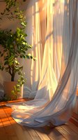 Sunlight streaming through sheer white curtains creating dramatic shadows on wooden floor, with green potted plant by window in warm morning light.