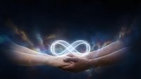 Glowing infinity symbol floating above cupped hands with magical light effects and cosmic energy swirls on dark background for spiritual concepts.