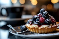 Fresh berry tart with blackberries, raspberries and blueberries on dark plate, dusted with powdered sugar against blurred cafe background with coffee cup.
