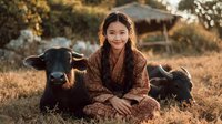 Young Asian woman in brown sweater sitting with black calf in golden sunset field, rural farm lifestyle and animal bonding moment for agriculture content.