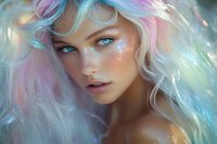 Young woman with iridescent pastel hair and ethereal fantasy makeup featuring glitter, sparkles and holographic elements against dreamy bokeh background.