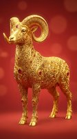 Golden ram figurine with ornate filigree detailing and ruby accents on red background with bokeh, suitable for luxury, festive, and decorative design projects.