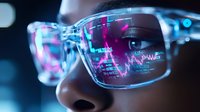 Close up view of transparent glasses reflecting digital trading charts and market data in neon pink and blue colors against dark background with bokeh lights.