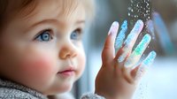 Young child with bright blue eyes and rosy cheeks gazes in wonder at sparkly glitter falling from raised hand against soft winter background, capturing magical childhood moment.