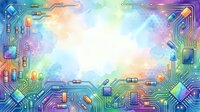 Colorful circuit board pattern with glowing tech elements and vibrant gradient background, suitable for technology, innovation, digital transformation, and futuristic design projects.