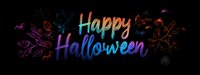Colorful neon Happy Halloween text with glowing floral elements and spider web on black background. Modern festive lettering design for seasonal greetings.