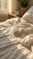 Unmade bed with cream linen bedding in warm morning sunlight streaming through window, cozy bedroom interior with potted plant and coffee cup on nightstand.