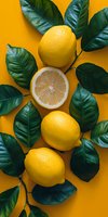 Fresh lemons and green citrus leaves arranged on vibrant yellow background with one cut lemon showing juicy flesh, creating bold contrast for food and lifestyle content.