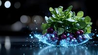 Fresh green salad leaves and ripe cranberries floating in crystal clear water with magical sparkles and bokeh lights creating ethereal culinary composition.