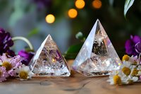 Crystal pyramids with quartz clusters inside surrounded by purple and white flowers on wooden surface with soft bokeh lights in background.