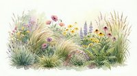 Watercolor wildflower meadow with ornamental grasses, purple lupines, yellow daisies and mixed blooms in soft natural tones for botanical garden design.