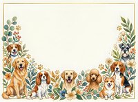 Adorable dogs of various breeds sitting together surrounded by botanical foliage frame on cream background for pet-themed designs and greeting cards.