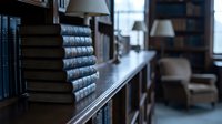 Stack of blue leather-bound books on wooden shelf in library or study room with blurred bookshelves background for education and literature themes.