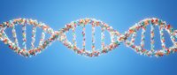 DNA double helix structure with colorful molecular components on blue gradient background for scientific research and biotechnology applications.