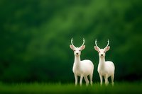 Two rare white deer with antlers standing together in lush green meadow, magical forest atmosphere creates mystical wildlife scene.