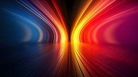 Vibrant light rays create dynamic motion effect with colorful spectrum from blue to red, reflecting on glossy surface in abstract symmetrical composition.