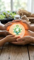 Hands holding glowing orb with earth and plant roots symbol, representing environmental conservation, sustainability, and eco-friendly practices in nature-inspired setting.