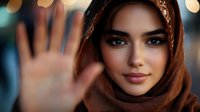 Young Middle Eastern woman in brown hijab smiling gently while pressing palm against glass, creating intimate atmospheric portrait with soft bokeh lights in background.