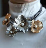 Elegant floral necklace with metallic silver and gold flowers adorned with pearl centers on black cord, worn with white turtleneck sweater. Fashion jewelry closeup.