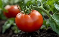 Fresh ripe red tomatoes growing on vine with green leaves in organic garden soil. Healthy homegrown vegetables ready for harvest in summer season.