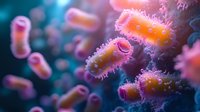 Microscopic view of coral polyps in vibrant pink and orange colors against dark blue background, showing detailed marine biology structure and natural patterns.