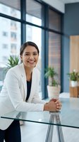 Confident young Hispanic businesswoman in white blazer smiling at desk in modern office, conveying leadership and professionalism.