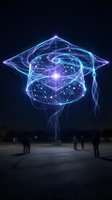 Futuristic graduation cap with glowing neural network brain design floating above crowd symbolizing artificial intelligence in education and learning.