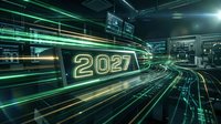 Futuristic digital tunnel with glowing neon numbers 2027 and green light streaks, representing future technology, innovation, and forward-thinking concepts for business presentations.