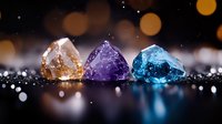 Colorful healing crystals with bokeh lights on dark reflective surface. Orange citrine, purple amethyst and blue topaz gems create magical spiritual atmosphere.