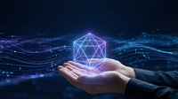 Businessman holding glowing geometric hologram with network connections and digital data streams in futuristic technology concept.