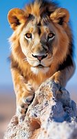 Majestic male lion portrait with golden mane resting on rocky outcrop against blue sky. Powerful big cat predator in natural habitat for wildlife photography.