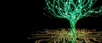 Digital tree with glowing green branches emerging from golden circuit board base on black background for technology and innovation concepts.