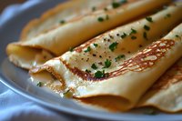 Delicate crepes folded on gray plate garnished with fresh chopped herbs and black pepper, close-up view showing golden brown surface and soft texture.