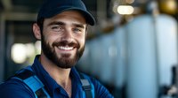 Smiling bearded Caucasian male worker in cap and plaid shirt at industrial workplace. Professional tradesman portrait for employment and labor concepts.