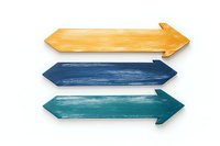Rustic wooden directional arrows in yellow, navy blue and turquoise colors isolated on white background. Decorative signpost elements with textured surface.