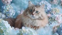 Fluffy cream-colored cat with bright eyes surrounded by delicate pink and blue spring blossoms, creating dreamy romantic atmosphere for greeting cards and wall art.