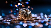 Golden bitcoin coin on reflective surface with blue and orange bokeh lights in dark background, cryptocurrency concept for financial technology and digital money.