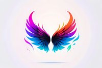 Vibrant rainbow colored wings spread symmetrically with gradient effect from purple to orange, floating on light background. Artistic fantasy design element on isolated background.