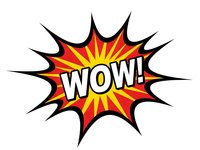 Comic book style explosion burst with WOW text in bold white letters on red and yellow starburst background isolated on white for graphic design projects.