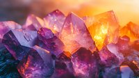 Raw amethyst crystal clusters with vibrant purple and orange backlighting create dramatic shadows and highlights, showcasing natural geometric formations and mineral textures.