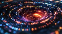 Futuristic digital vortex with glowing orange and blue light effects forming spiral tunnel pattern, abstract technology background with depth and motion blur.