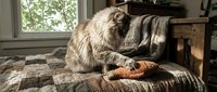 Fluffy gray cat sitting on plaid blanket near window, reaching toward knitted orange sweater in cozy rustic interior setting for pet lifestyle content.