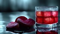 Fresh beetroot slices beside a glass of vibrant red juice with ice cubes on reflective surface, showcasing healthy detox beverage.