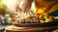 Sizzling beef steak on hot cast iron plate with roasted vegetables, steam rising in warm atmospheric lighting. Served on wooden board in restaurant setting.