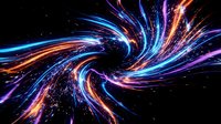Dynamic swirling energy vortex with vibrant neon light trails in blue, purple and orange creating spiral motion against black background for digital art.