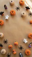 Halloween decorations and miniature toys scattered on beige background with orange and white pumpkins, spiders, ghosts and festive characters for seasonal design.